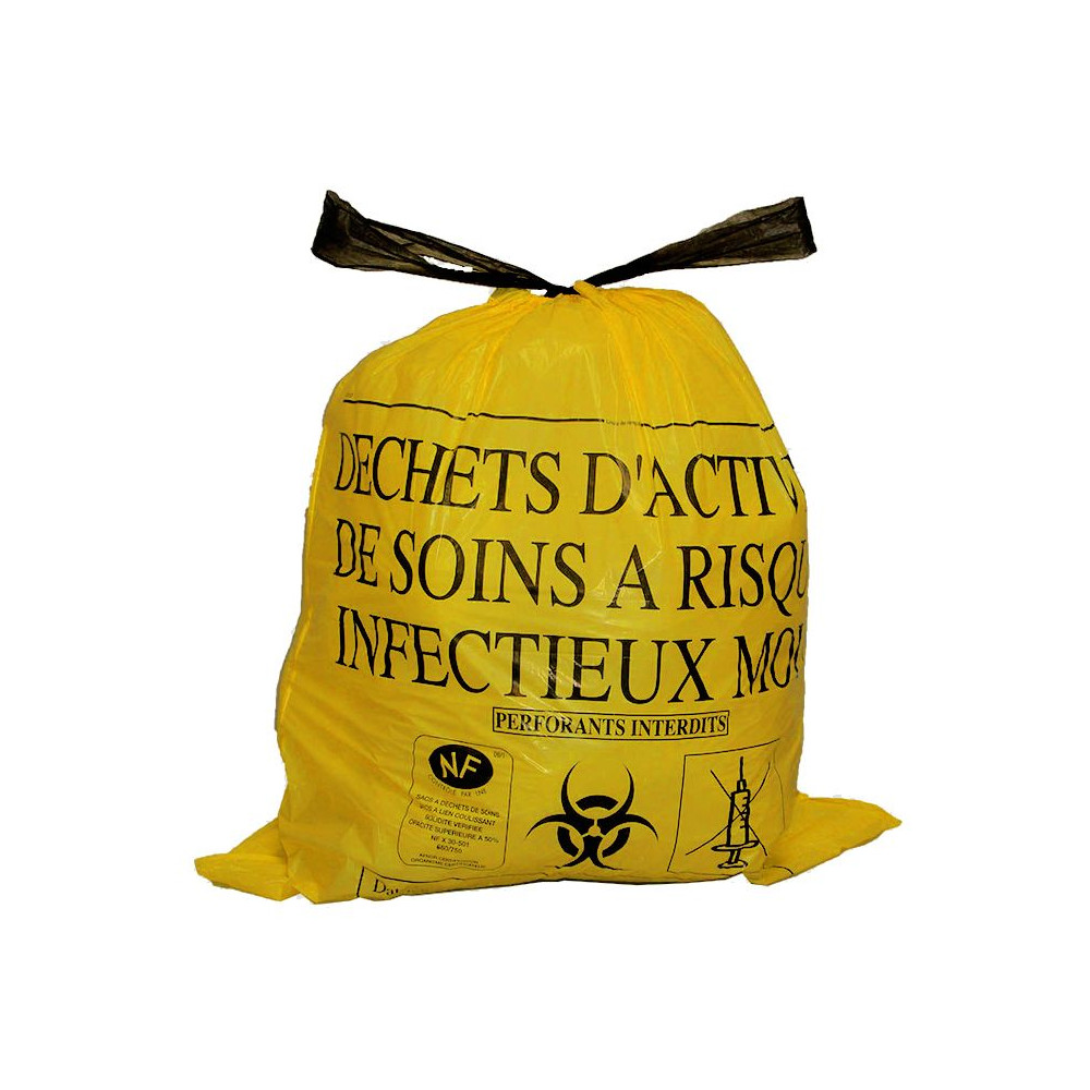 Sac DASRI jaune réglementaire utilisé par Nettoyage Syndrome Diogène pour les déchets d'activités de soins à risques infectieux
